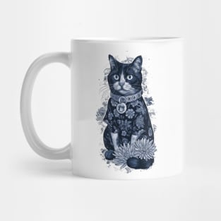 Expressive Feline in Floral Garment - Detailed Cat Illustration Mug